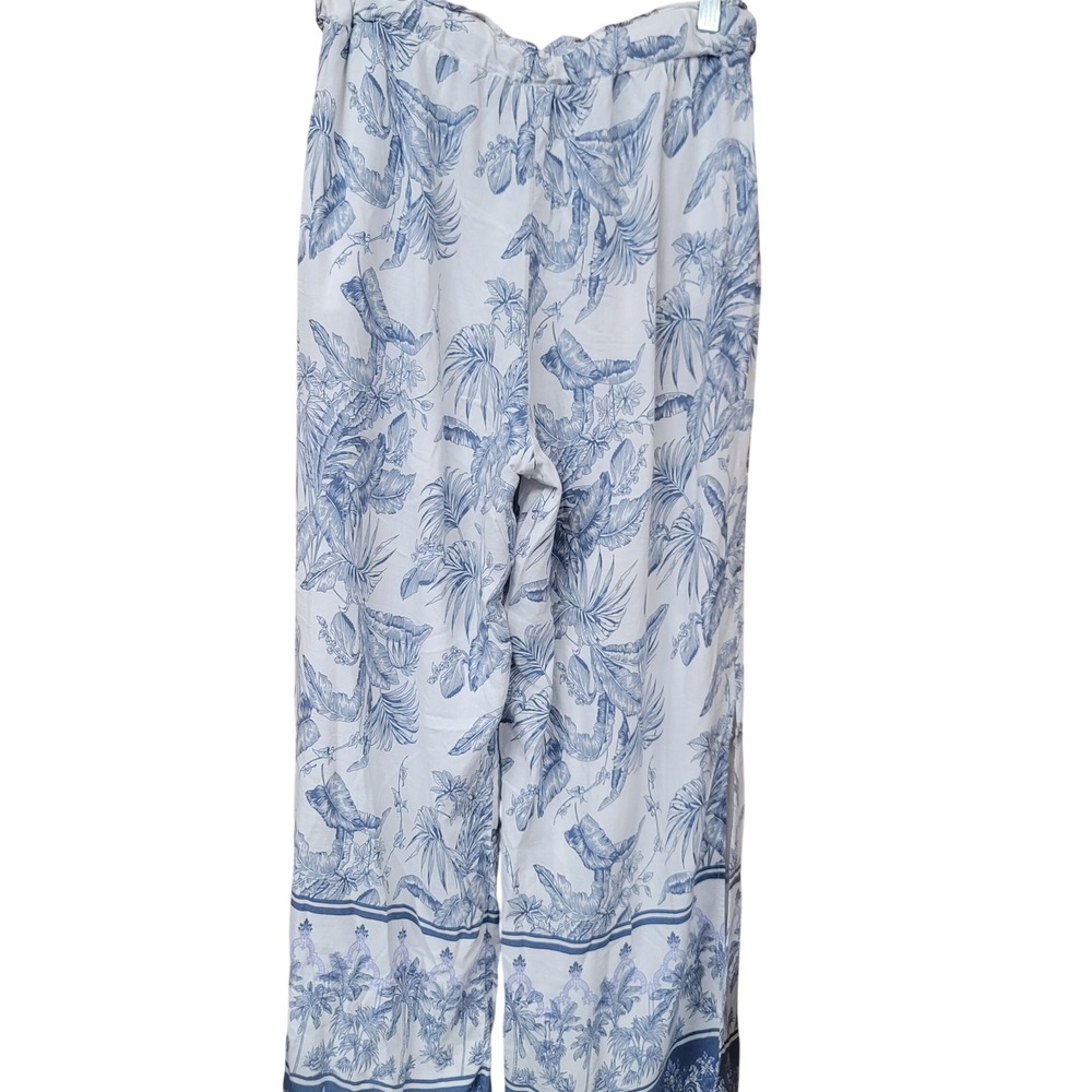Tribal Blue White Tropical Palm Print Wide Leg Pants Side Slit Large Resortwear